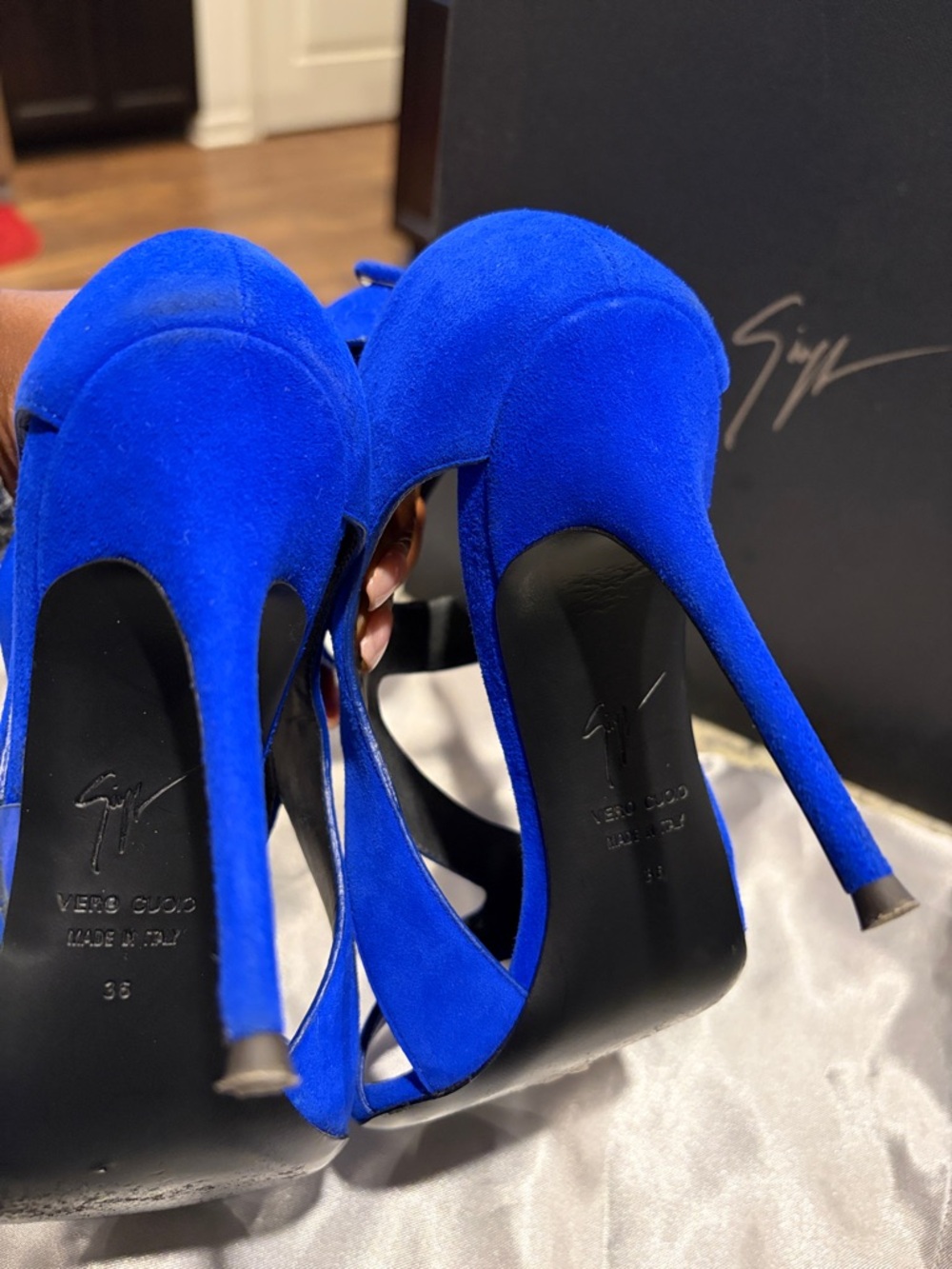 Giuseppe Zanotti Cobalt Blue Suede Sculptural Cutout Stiletto Sandals - Picture 5 of 6